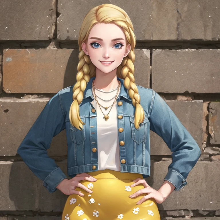 (detailed background:1.2), (perfect face, detailed face), looking at viewer, (mature female:1.2), smile, pennyhaywood, 1girl, solo, denim jacket, buttons, white shirt, necklace, casual, yellow skirt, print skirt, thighs, park, day, outdoors, <lora:PennyHaywood_v2:0.73>