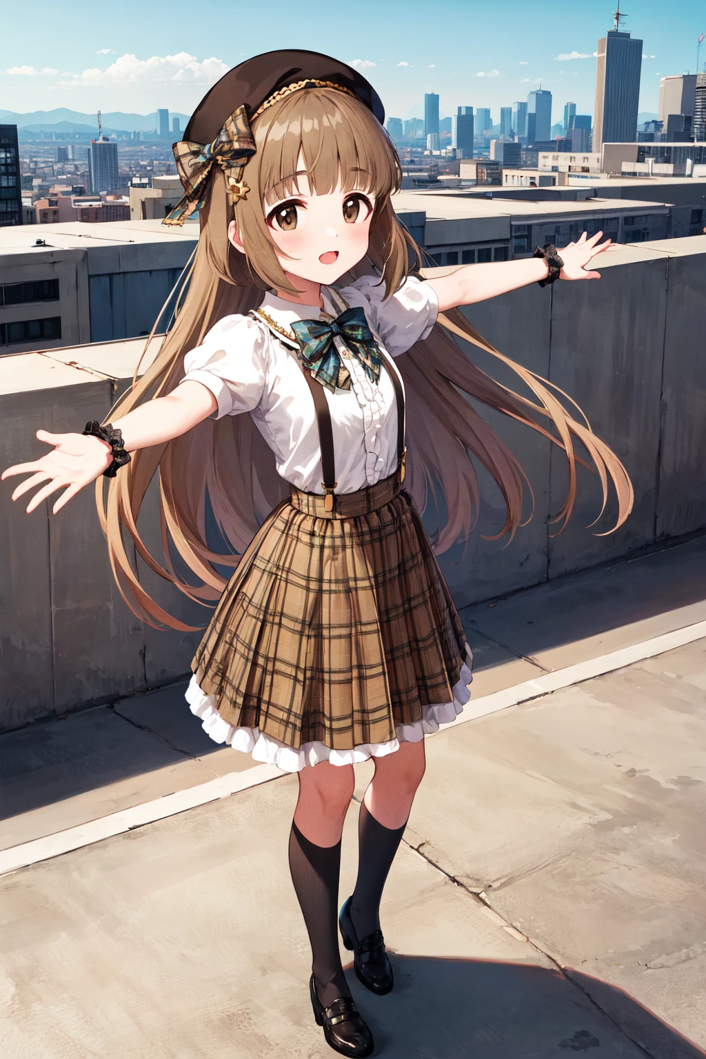 masterpiece, best quality, highres, ccyoshino, long hair, beret, brown headwear, hat bow, plaid bowtie, white shirt, puffy sleeves, short sleeves, center frills, wrist cuffs, suspenders, plaid skirt, brown skirt, <lora:yorita_yoshino_v1:0.7>, outstretched arms, city, rooftop, standing