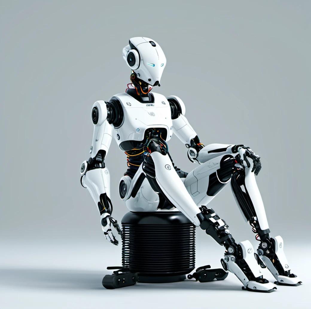 robot, cable, sitting, no humans, solo, science fiction, humanoid robot, joints, mecha, wire, robot joints, humanoid, android, artificial intelligence, white color scheme, robotic limbs, exposed internal mechanisms, futuristic, clean background, technology, wires, seated position, mechanical details, intricate design, conceptual art, high-resolution image, advanced technology, glossy surface, neutral lighting, digital illustration ,<lora:æºç²-000002:0.6>