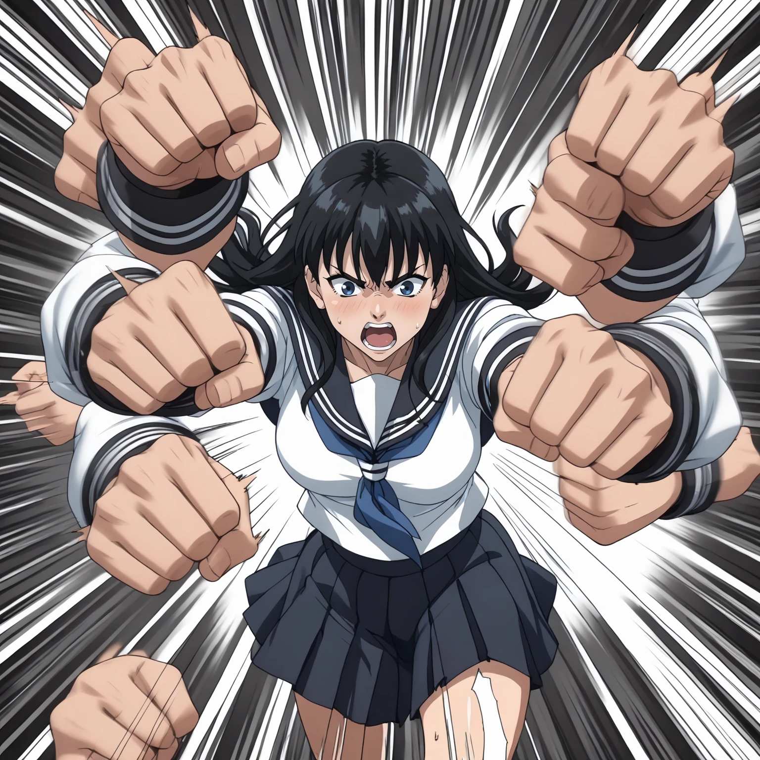 1girl,black hair,long hair,serafuku,
BREAK
<lora:rushpunchXLpony002:0.8>,
rushpunch,punching,multiple hands,fists,clenched fists,(motion_blur:1.2),(motion line:1.1),speed_lines,