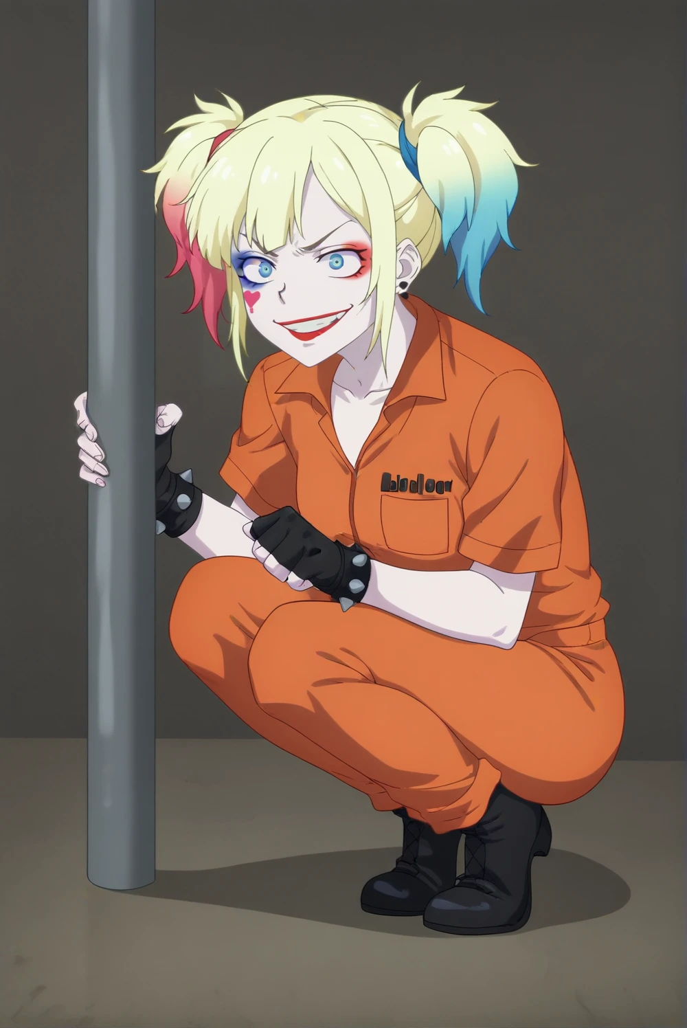 Harley Quinn, squatting, prison clothes, dark gray background, simple background, evil smile <lora:isekai_suicide_squad-Harley_Quinn-PDXL:0.8>,  <lora:sdxl_lightning_4step_lora.safetensors:1.0>