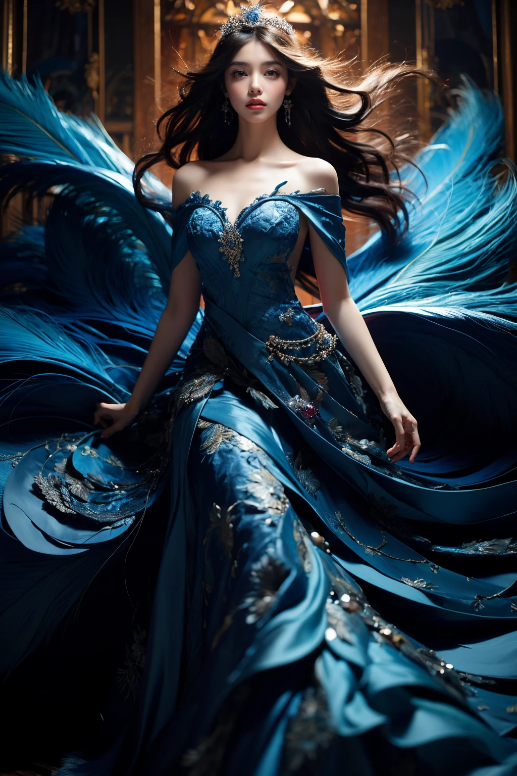 photorealistic,realistic,photography,masterpiece,best quality,ultra-detailed,extremely detailed, 8k wallpaper,1girl,looking at viewer,off shoulder,tiara,makeup,breasts,black hair,curly hair,lips,dress,jewelry,earrings,bird,floating hair,blue dress,strapless dress,feathers dress, abstract,feathers in background,<lora:JAY -  FEATHERS BLUE DRESS:0.8>