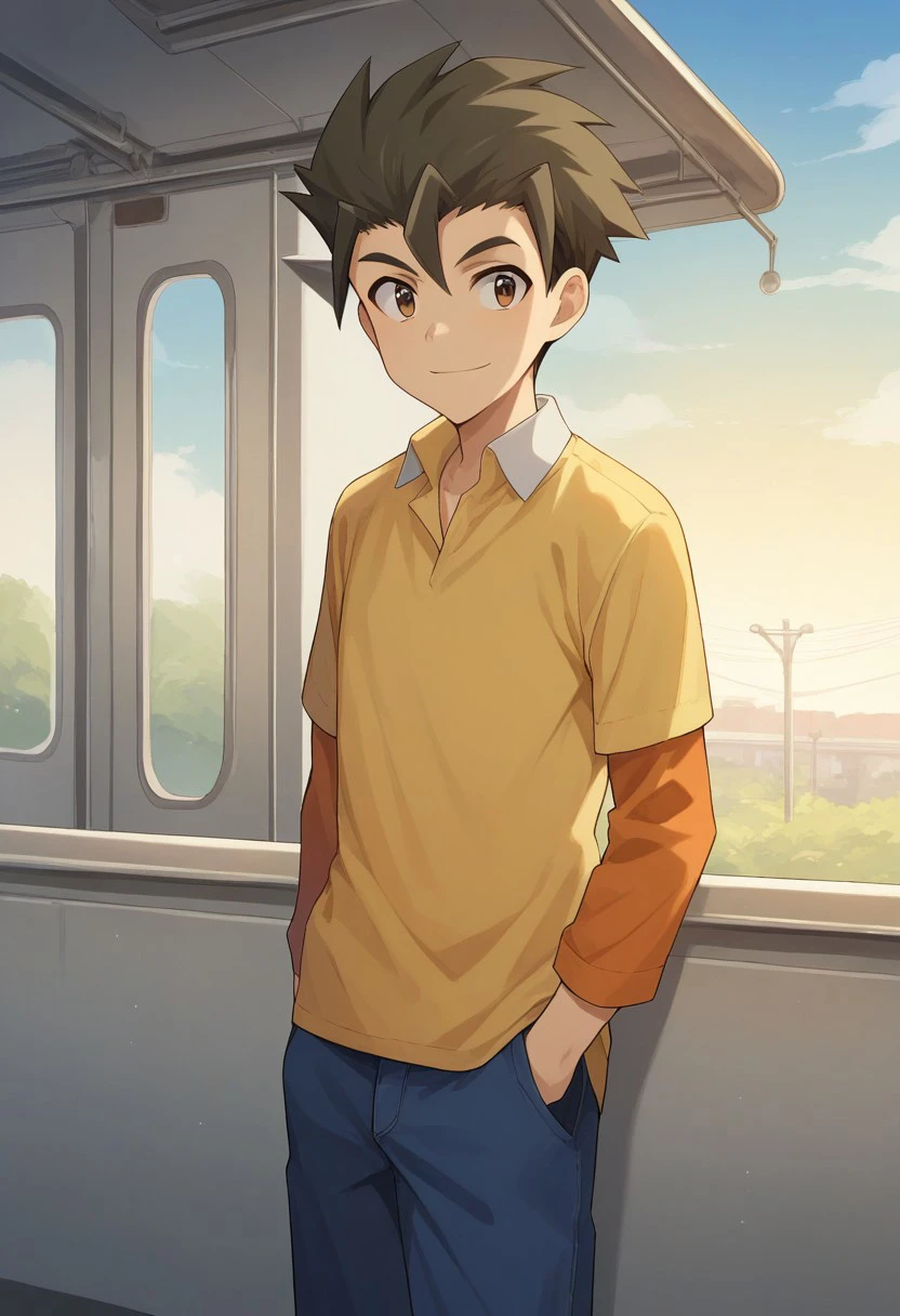 score_9, score_8_up, score_7_up, source_anime, highly detailed, 
tsuranuki, 1boy, male focus, solo, shirt, pants, blue pants, brown eyes, spiked hair, long sleeves, yellow shirt, orange sleeves, collared shirt, upper body,
outdoors, train, sky, shinkansen, smile, looking at viewer,