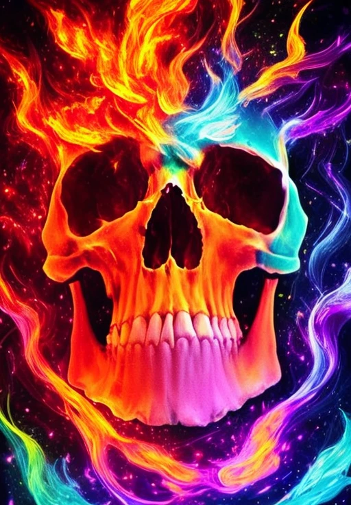 Dreamscape skull, <lora:colorflames2:1>, colorflames, colorful flames, colorful fire, on fire, blue fire, green fire . Surreal, ethereal, dreamy, mysterious, fantasy, highly detailed