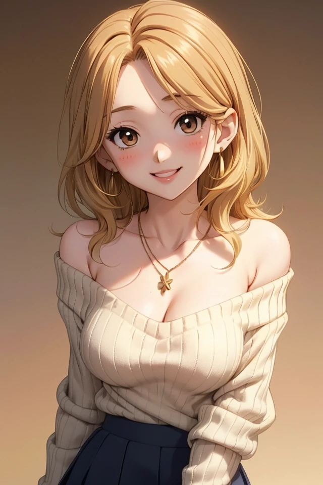 (Yuri_Kosaka), (1girl), solo, shoulder length hair, large breasts, 1990s, blonde hair, blush, brown eyes, collarbone, earrings, eyelashes, lipstick, necklace, smile, sexy, white off-the-shoulder sweater, black mini skirt, smile,