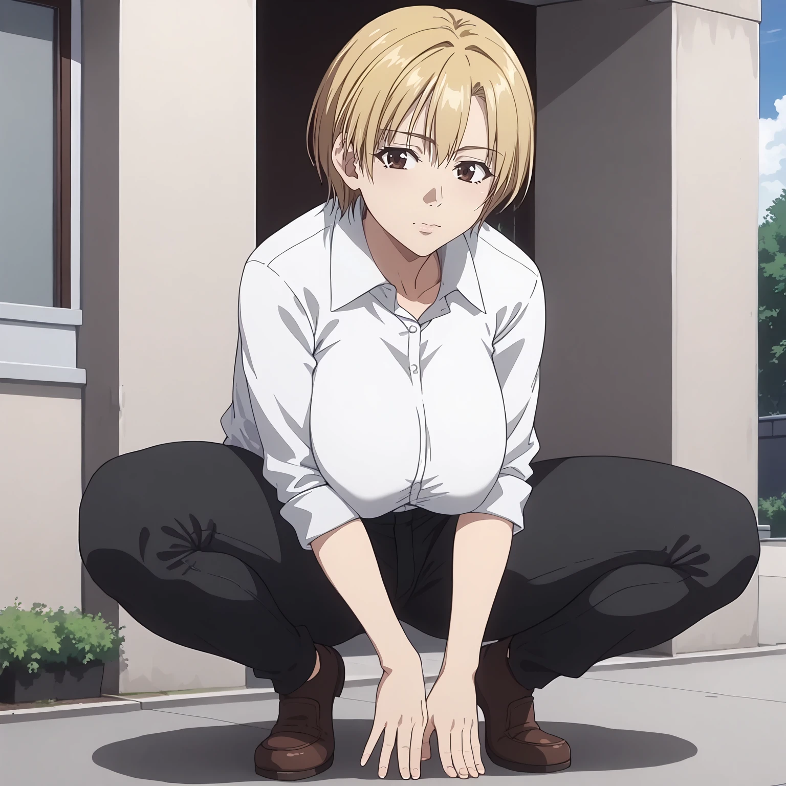 <lora:TomokaSuisoXLpony001>,
solo,
TomokaSuiso,1girl,blonde hair,short hair,brown eyes,
large breasts,
white shirt,
black pants,
outdoors,
full body,squatting,