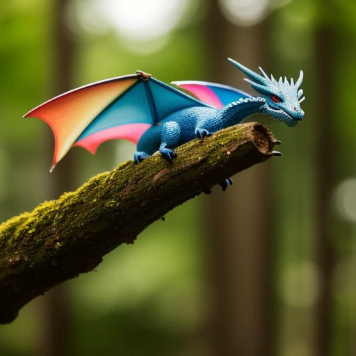 a small dragon, rainbow colored, close up, realistic, 4k, bokeh, dslr, warm coloring, in forest, macro photo,