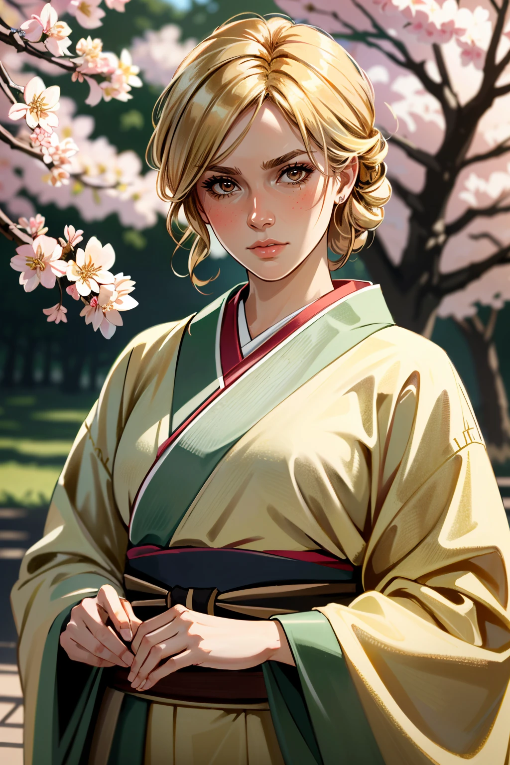 ((ultra detailed, masterpiece, absurdres))
 <lora:RDR2Sadie:0.8>
RDR2Sadie, 1girl, blonde hair, brown eyes, looking at viewer, in a traditional kimono, surrounded by cherry blossoms