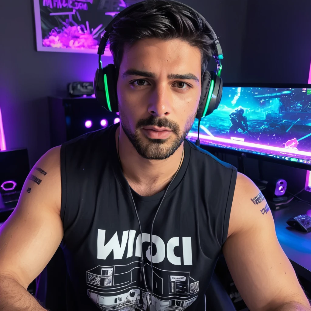 half body photo of m1ch3l3 a man, twitch streamer playing video games on his pc, ear phones, cut-off tank tops, streamer bedroom, ((neon lights)), realistic, highly detailed, intricate details, detailed background, depth of field, (looking at viewer:1.3),  solo shot,  <lora:michhele:.8>