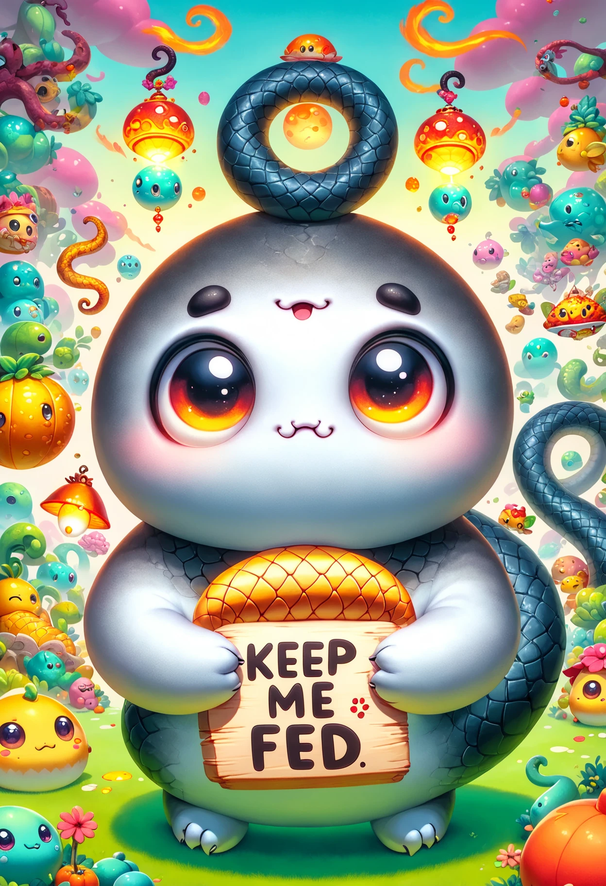 DonMK33pM3F3dXL text "Keep me fed", otherworldly umbra fire chinese stocky Serpent,   misty
   <lora:DonMK33pM3F3dXL:1>