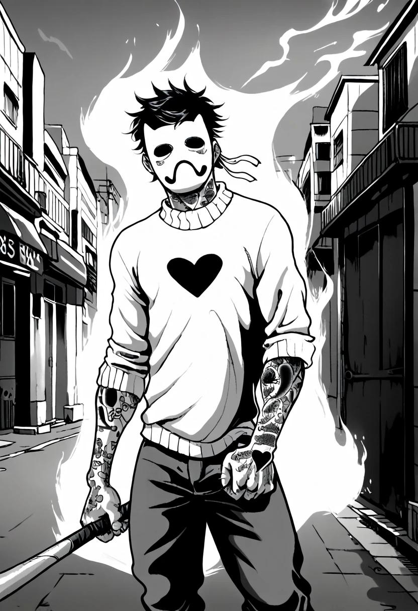 score_9, score_8_up, score_8,   <lora:Zacharie_OFF_for_PonyXL:0.8> 1boy, mask, z4char1e, male focus, solo, sweater, heart, m4sk1, aura,  alleyway, holding baseball bat, rolled up sleeves, tattoo, 
 <lora:Itagaki_Style:0.6> itagakisty1e, monochrome, greyscale