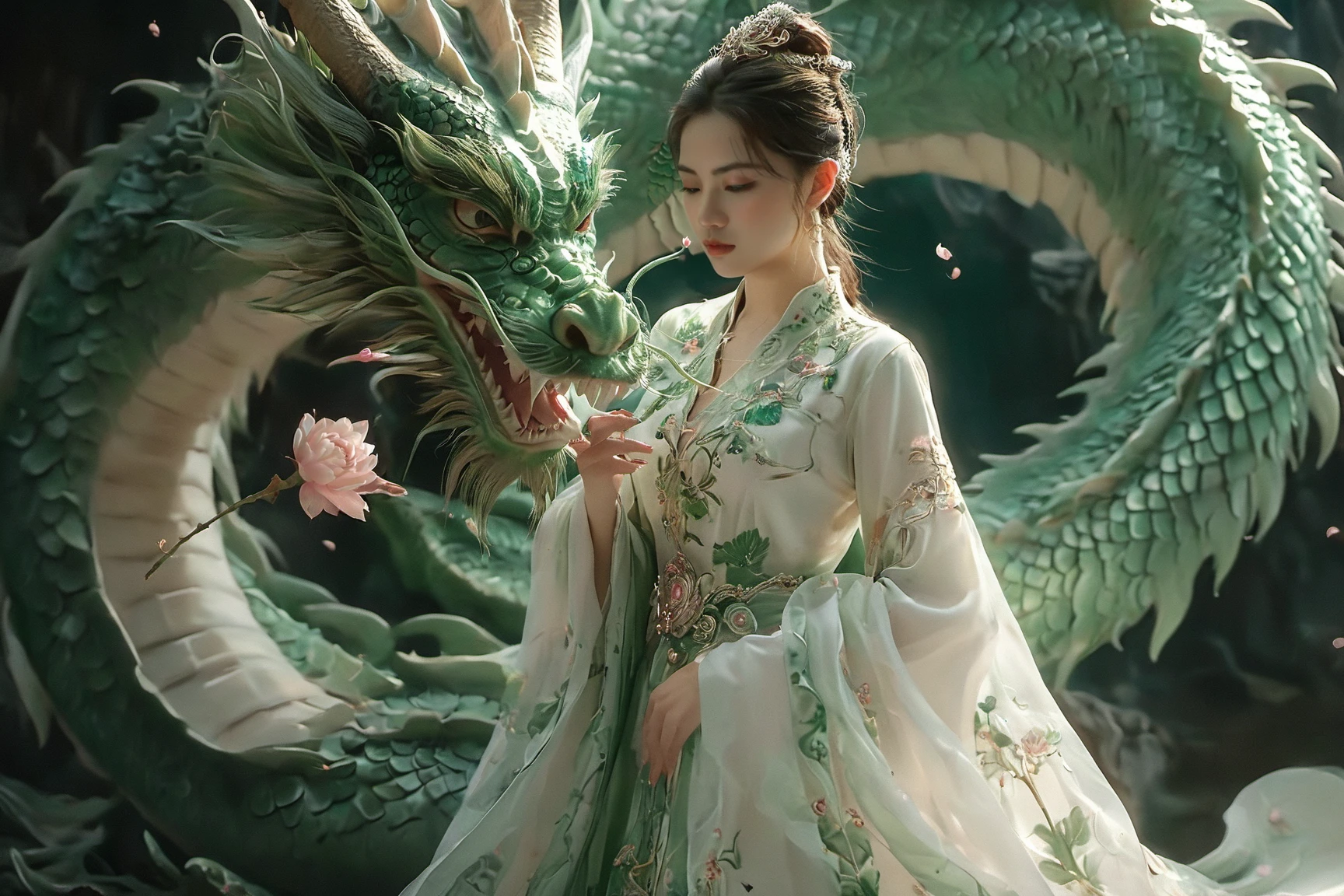 A serene scene where a woman, adorned in a traditional green and white dress, stands gracefully beside a majestic green dragon. The woman wears an ornate headpiece and holds a delicate object in her hand. The dragon, with its intricate scales and fierce yet calm expression, wraps around her, creating a protective and harmonious bond between them. The backdrop is dark, with subtle lighting highlighting the dragon and the woman, and there are floating pink flowers adding to the ethereal atmosphere.,xxmixgirl<lora:EMS-411095-EMS:0.800000>