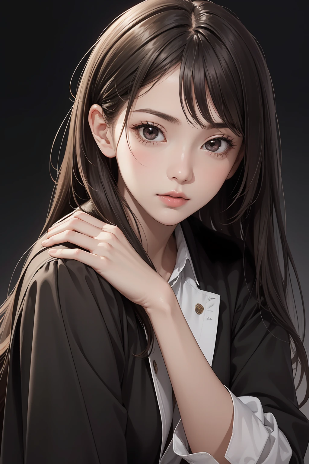 1girl, upper body, best quality, RAW photo, 16k wallpaper, extremely detailed CG, amazing, ultra detailed, hyperrealistic, official art, High quality texture, incredibly absurd-res, high-res, 18 years old, cute girl, beautiful face, detailed dark brown eyes