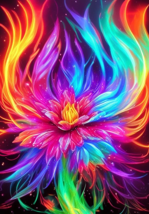 Dreamscape flower, plant, pretty, stunning, beautiful,  <lora:colorflames2:1>, colorflames, colorful flames, colorful fire, on fire, blue fire, green fire . Surreal, ethereal, dreamy, mysterious, fantasy, highly detailed