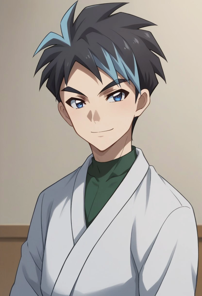 score_9, score_8_up, score_7_up, source_anime, highly detailed, 
ryuji, 1boy, male focus, solo, black hair, short hair, upper body, multicolored hair, blue eyes, spiked hair, bangs, two-tone hair, karate uniform, smile,
indoor,