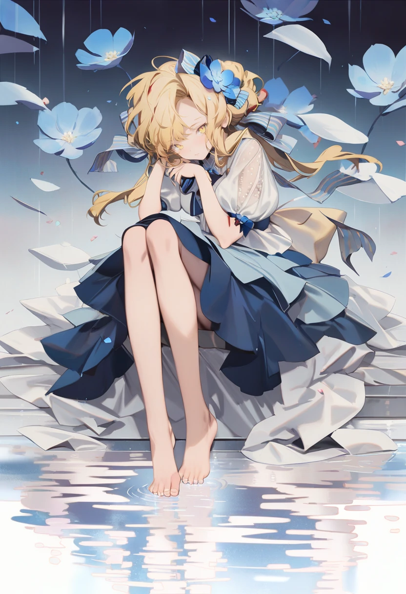 masterpiece, best quality, <lora:reiXL_ANI31_lokr_V4312:0.95> 1girl, solo, barefoot, long hair, blonde hair, flower, hair ornament, yellow eyes, hair flower, blue flower, short sleeves, dress, petals, skirt, bow, puffy sleeves, looking at viewer, blue skirt, full body, closed mouth, shirt, puffy short sleeves, floating hair, hair bow, bare legs, water, white shirt, feet, see-through, sitting, toes, ribbon, ripples