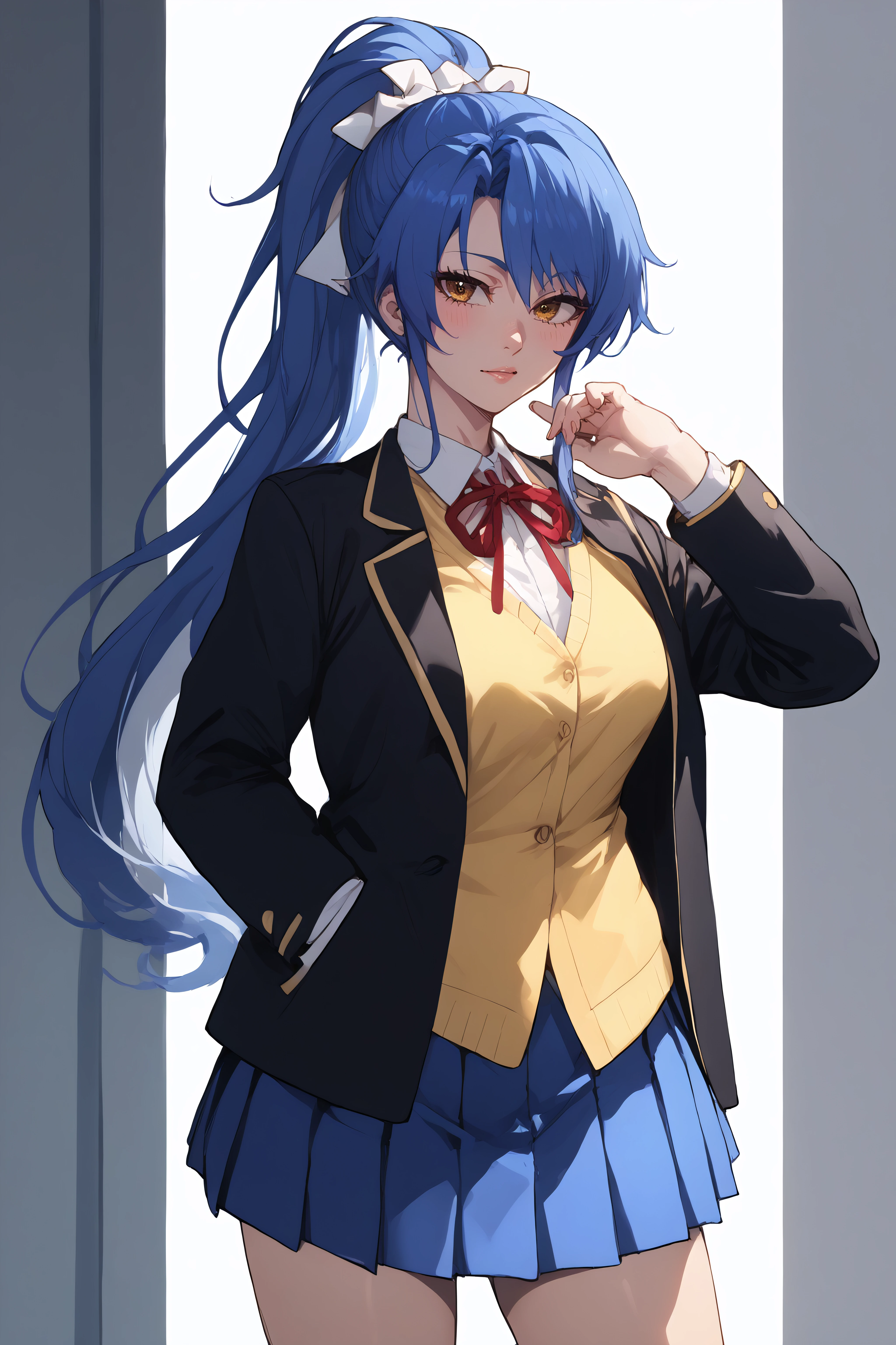 score_9, score_8_up, score_7_up, BREAK source_anime, <lora:Kurumi Nonaka-PonyXL-lora-Faxtron:0.8> kurumi nonaka, yellow eyes, blue hair, high ponytail, white hair ribbon, school uniform, black jacket, yellow vest, dress shirt, red neck ribbon, blue pleated skirt,