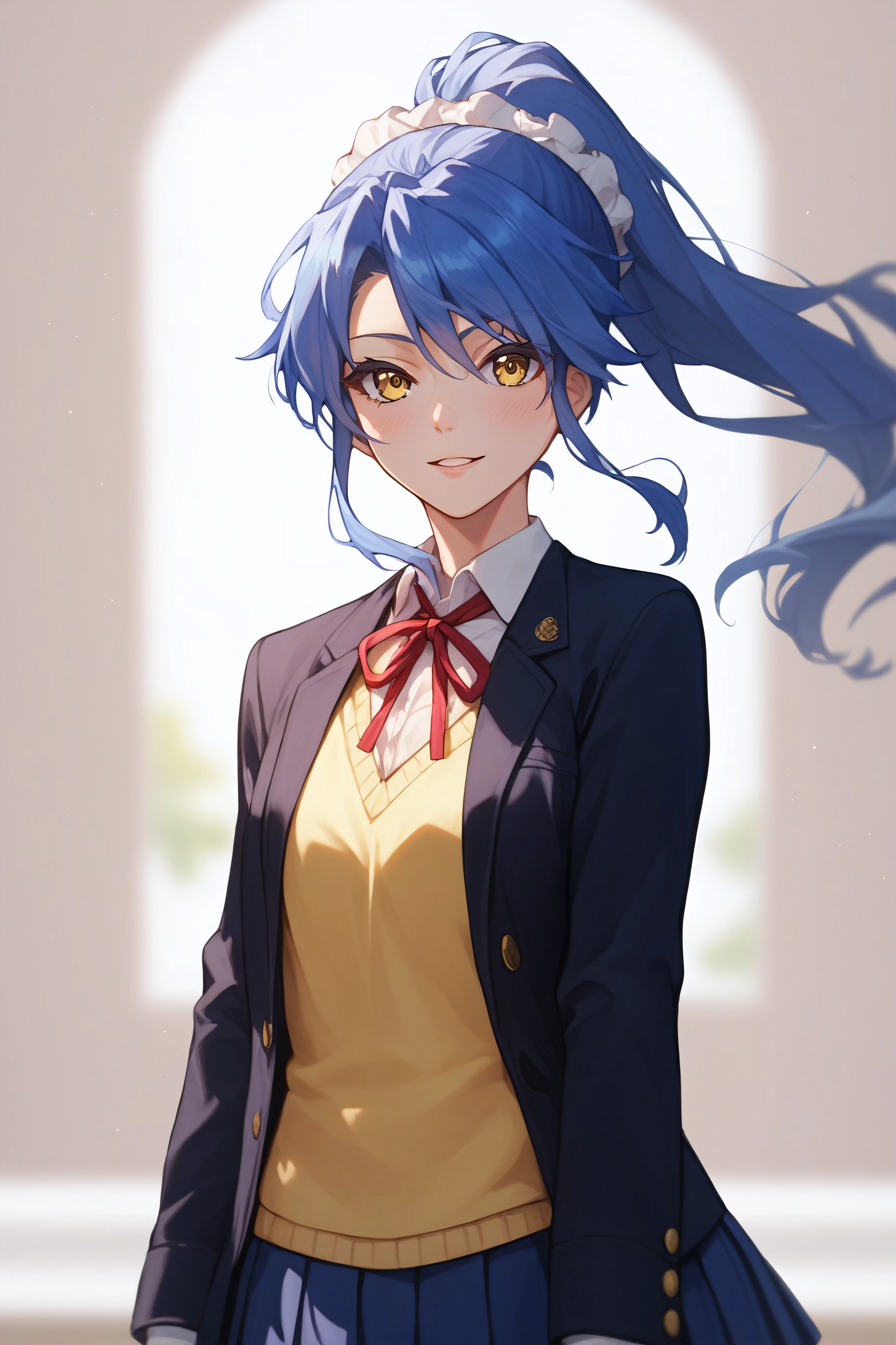 score_9, score_8_up, score_7_up, BREAK source_anime, <lora:Kurumi Nonaka-PonyXL-lora-Faxtron:0.8> kurumi nonaka, yellow eyes, blue hair, high ponytail, white hair ribbon, school uniform, black jacket, yellow vest, dress shirt, red neck ribbon, blue pleated skirt,