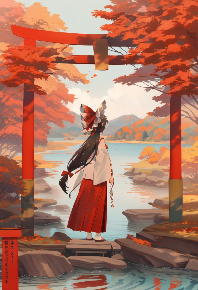 masterpiece, best quality, <lora:reiXL_ANI31_lokr_V4312:0.95> 1girl, hakurei reimu, solo, long hair, bow, torii, hair bow, red bow, outdoors, tree, skirt, red skirt, scenery, japanese clothes, wide sleeves, miko, hair tubes, standing, from behind, long sleeves, water, wide shot, autumn, gohei, very long hair, brown hair, rock, hakama, black hair, holding gohei, white socks, autumn leaves, leaf, red hakama, socks, ponytail, detached sleeves, sky, ribbon-trimmed sleeves, nature, holding, full body, hakama skirt, facing away, ribbon trim, mountain, frilled bow