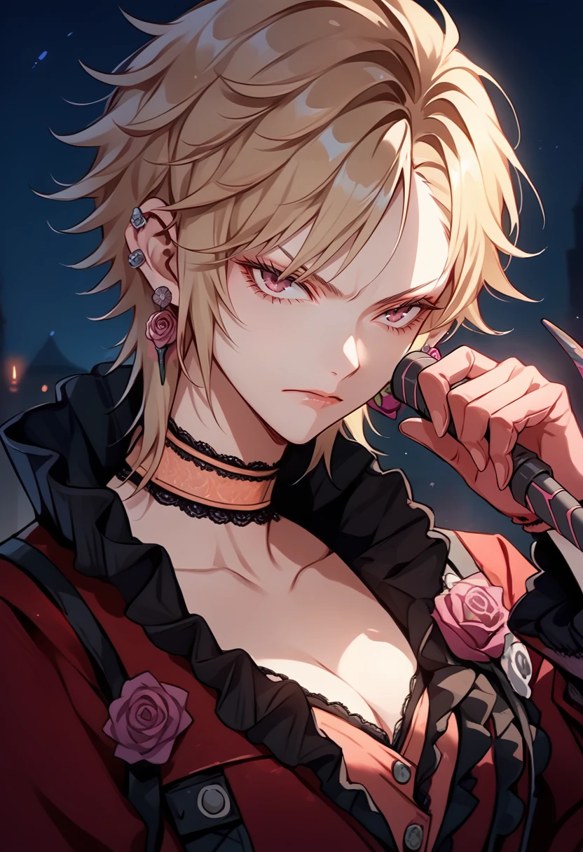 score_9, score_8_up, score_7_up, source_anime, 1girl, upper body, looking at viewer, serious, holding dagger, reverse grip, <lora:MiladySH2-pdxl:1> defMilady, short hair, ear piercing, rose earrings, frilled choker, red jacket, cleavage, long sleeves, frilled sleeves, half gloves, orange gloves, night