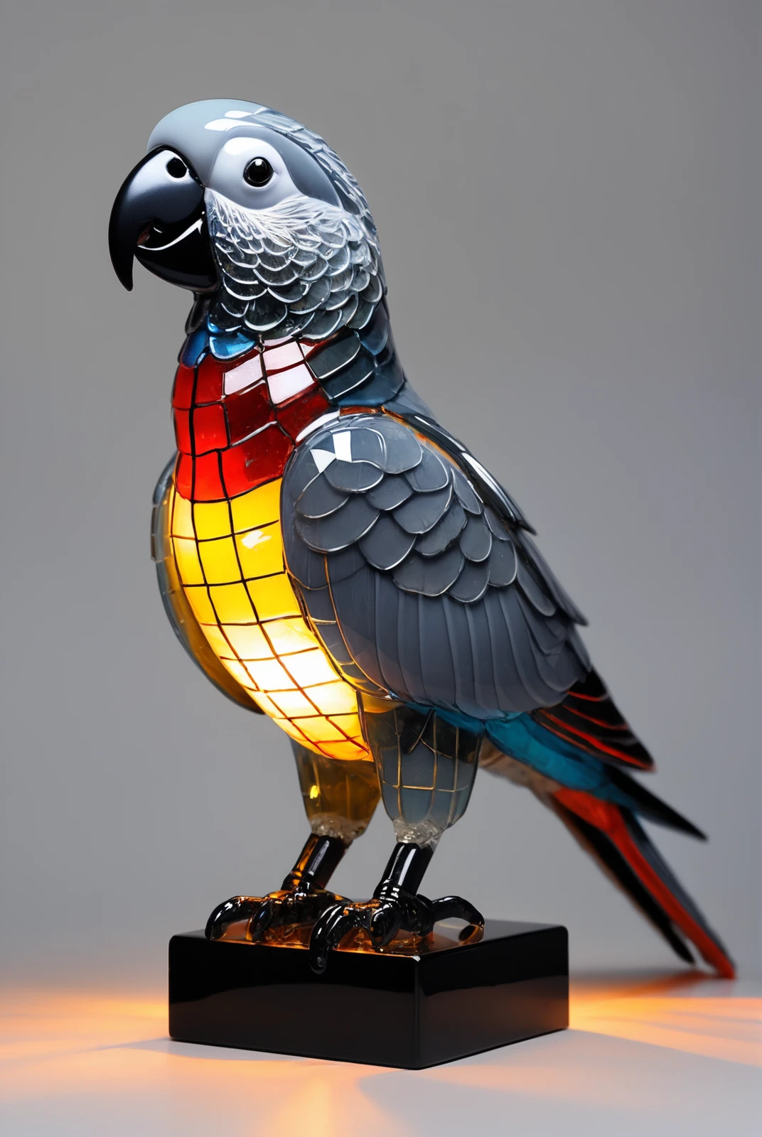 Glass bird, African grey parrot, lim lighting,