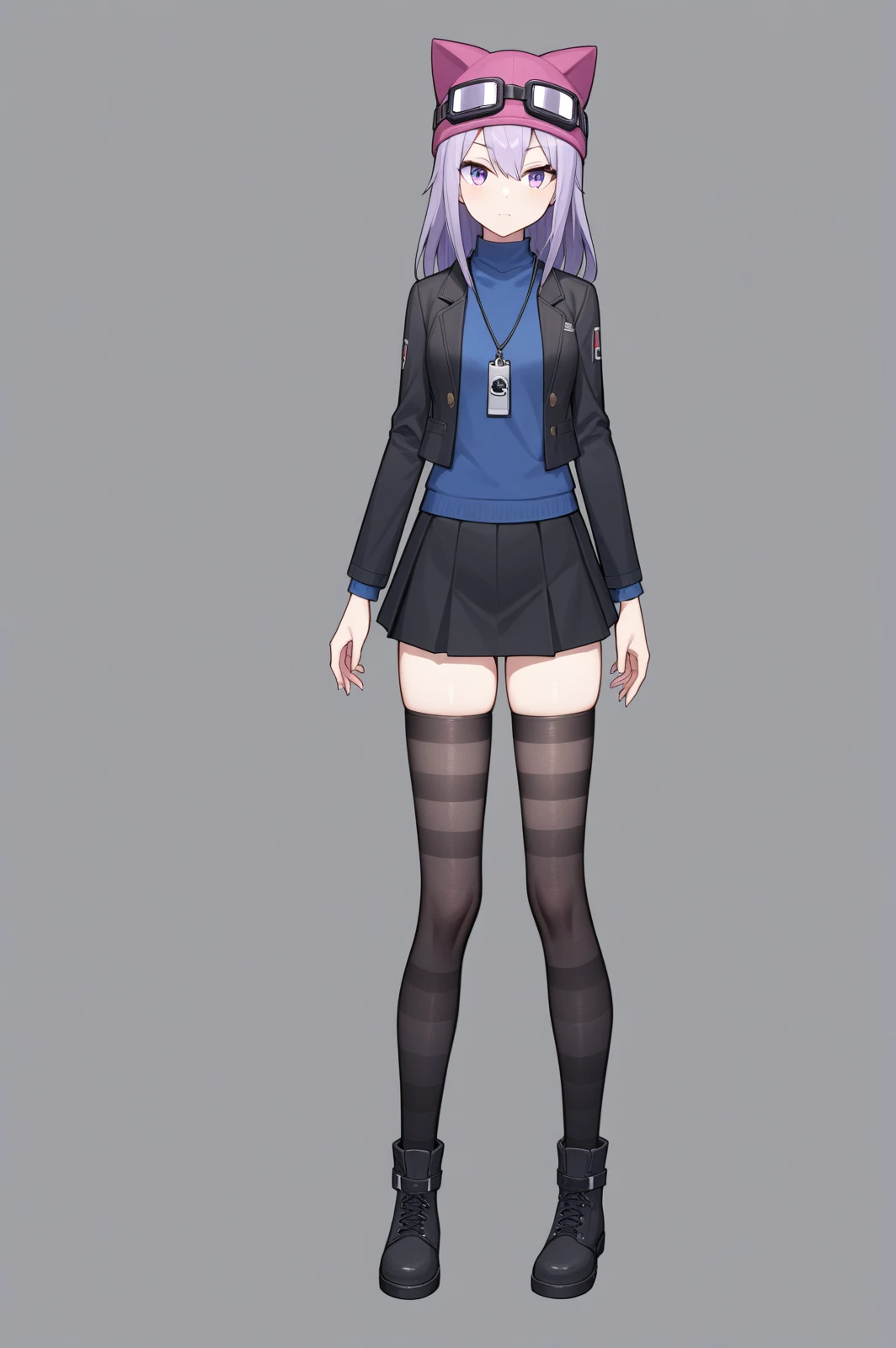 blue shirt black jacket black skirt striped thighhighs animal hat goggles on head, dsc-sayo, 1girl, solo, narrow waist, masterpiece, absurdres, high quality, highres, best quality, (full body:1.20), recent <lora:dsc-sayo-V02:0.3>