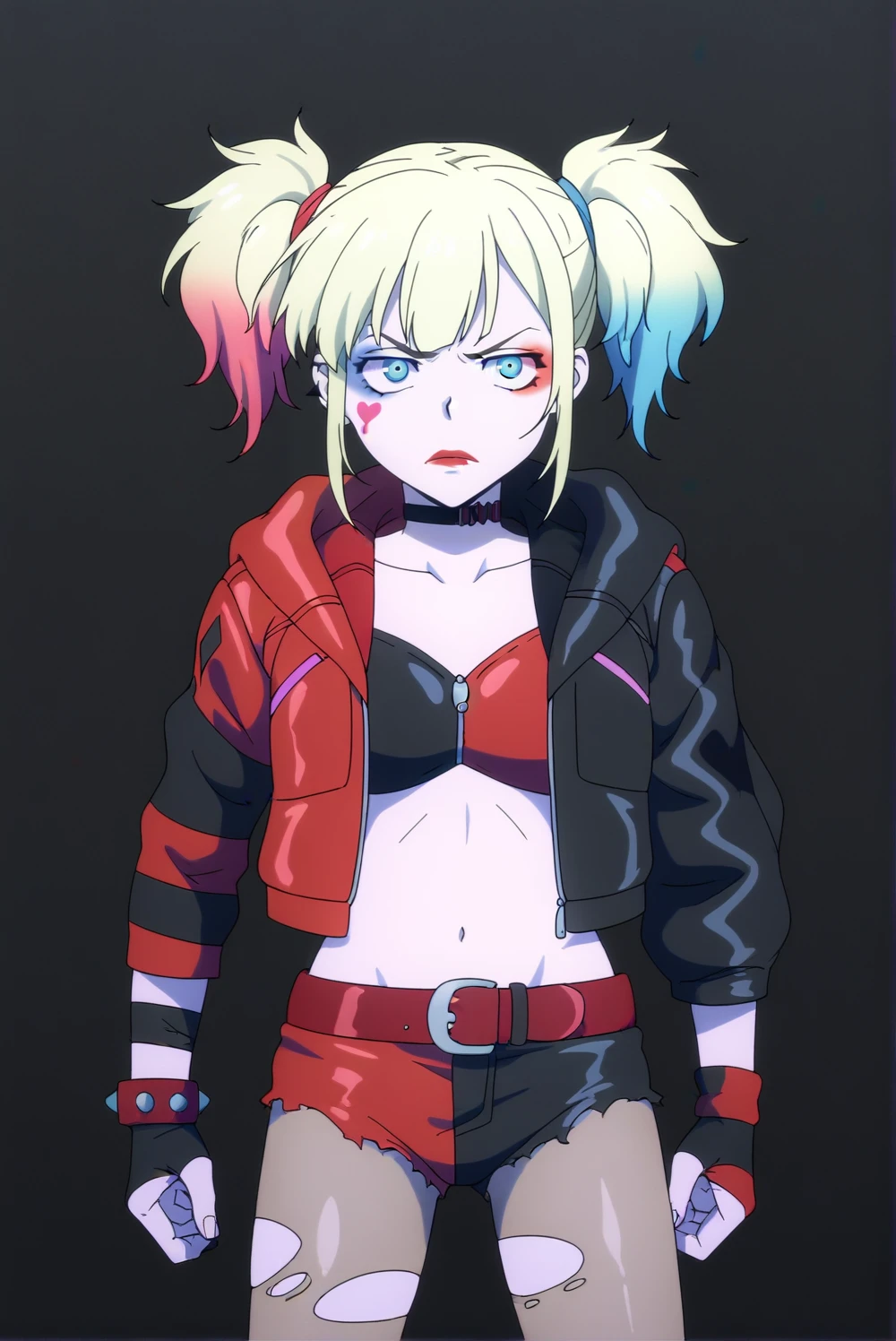 Harley Quinn,  upper body,  shorts, open jacket, torn clothes, makeup, torn pantyhose, multicolored jacket, dark gray background, simple background <lora:isekai_suicide_squad-Harley_Quinn-PDXL:0.8>,  <lora:sdxl_lightning_4step_lora.safetensors:1.0>