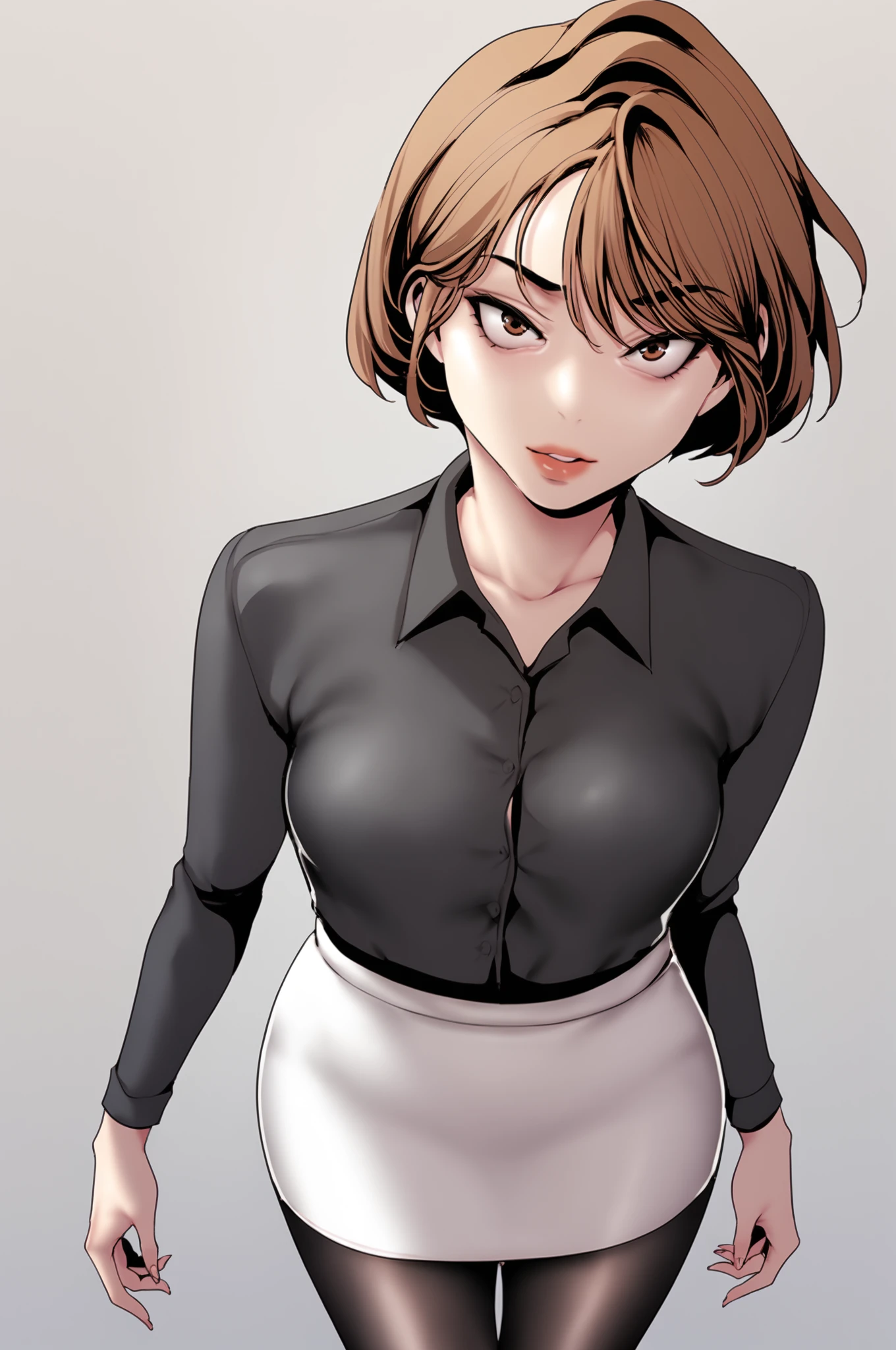 <lora:XL_NaSori_BNW:1> nasoridef, brown hair, brown eyes, short hair, grey background, simple background, 
standing, looking at viewer, black shirt, collared shirt, collarbone, pencil skirt, white skirt, black pantyhose long sleeves, skirt, pantyhose, american shot, score_9,score_8_up,score_7_up, source_anime,  detailed face