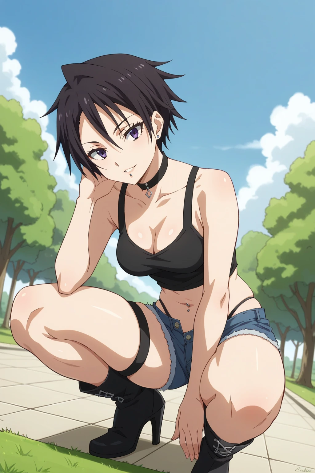 1girl, alone,masterpiece, best quality, absurdres, detailed shadows, skindentation, cowboy shot, beautiful detailed eyes, eyelashes, (abs:0.7), Mikazuki_Shizuka, crop top, choker, leggings, denim shorts, hair ornament, navel, looking at viewer, breasts, midriff, hairclip, thighs, cleavage, smile, bare arms, open mouth happy, wristbands, spikes, denim, short sleeves, belt,
outdoors, city, sitting, bench,medium breasts, medium waist, wide hips, medium thighs, excellent anatomy, good hands