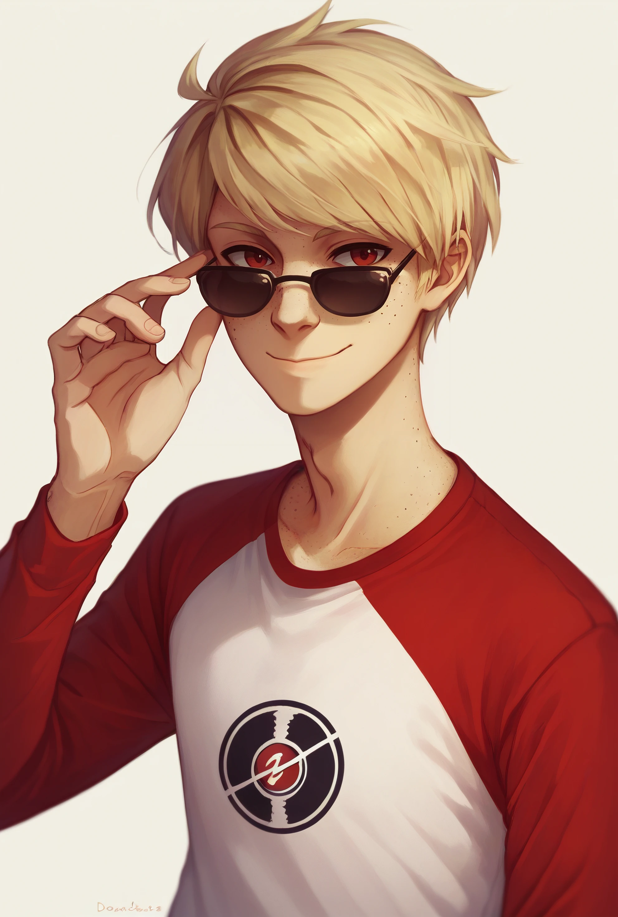 , score_9, score_8_up, score_7_up, masterpiece, , line art, portrait, anime,, detailed, <lora:Expressive_H:0.45> Expressiveh, closed mouth,  smile, adjusting eyewear,  ,  <lora:Dave_Strider:0.8>, dave strider, blonde hair,  sunglasses,  freckles, male, 1boy,  raglan sleeves,  shirt, red eyes,