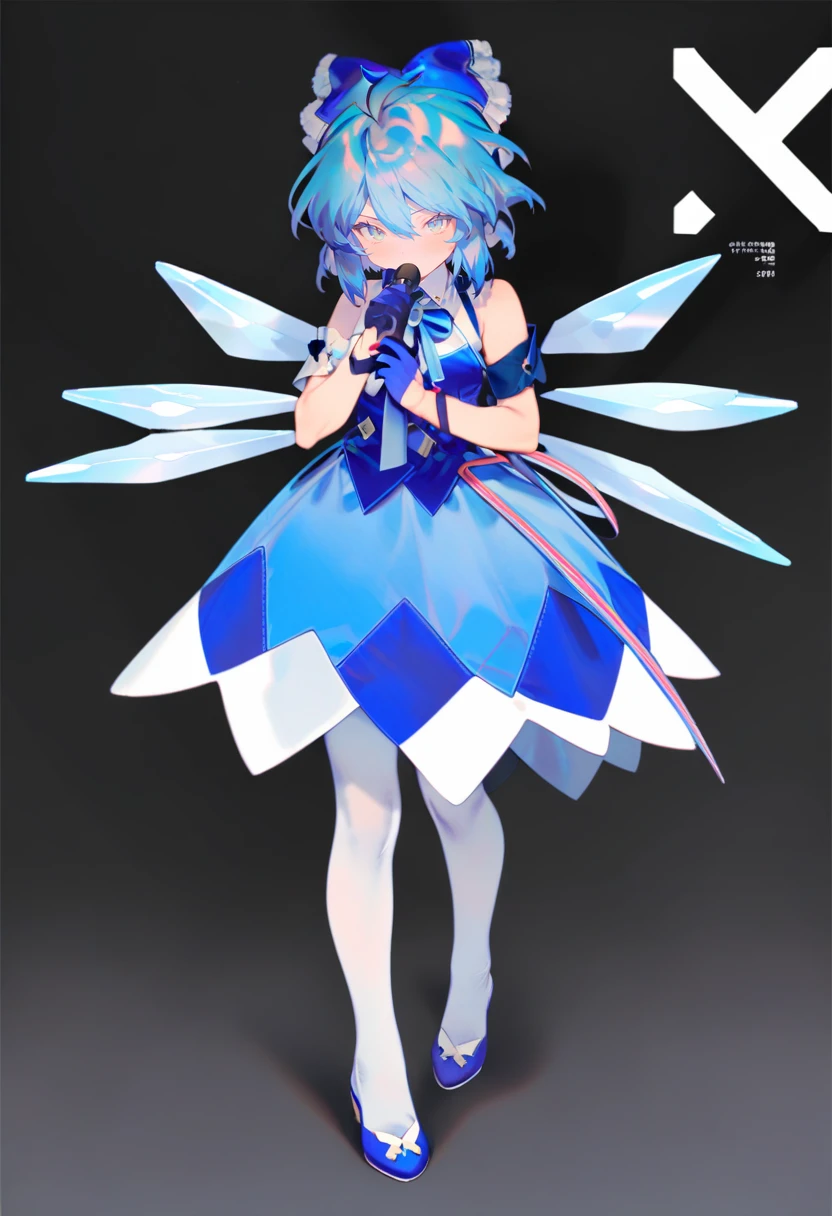 masterpiece, best quality, <lora:reiXL_ANI31_lokr_V4312:0.95> 1girl, cirno, solo, blue hair, microphone, wings, bow, blue eyes, gloves, holding microphone, hair bow, dress, blue bow, blue dress, white pantyhose, full body, holding, ice wings, pantyhose, short hair, hair between eyes, adapted costume, ice, ribbon, looking at viewer, black gloves, short sleeves, neck ribbon, blue footwear, standing, blue gloves, shoes, sleeveless, alternate costume, black background, shirt, white shirt, half gloves, armband