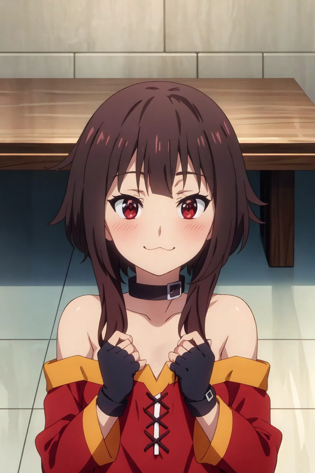 (beste-Qualit, 8K, 12), 1 girl, (megumin), brown hair, the perfect body, ultra detail face, detailed lips, (((very small boobs))), red eyes, cleavage, looking at viewer, (close up), leaned forward, angry, oversize tshirt, off shoulders, no pants, laundry room, thighs