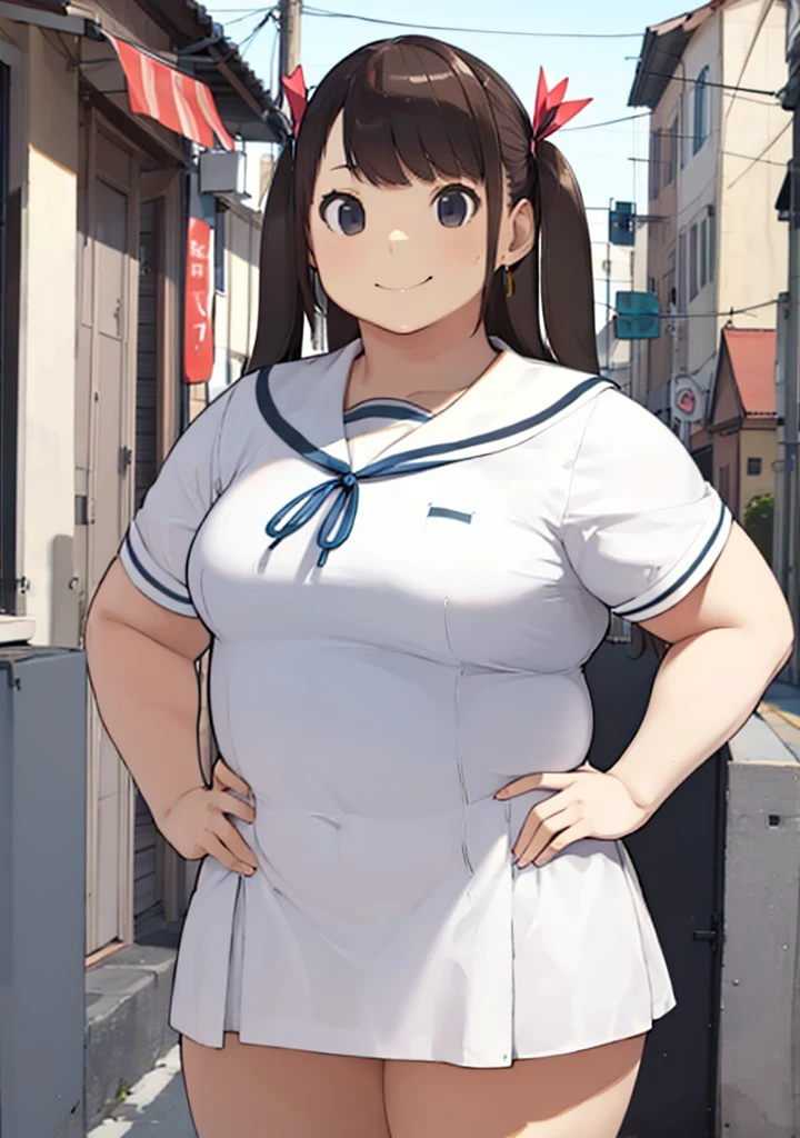 (masterpiece), best quality, expressive eyes, perfect face, hair ornament, bangs, solo, 1girl, medium breasts, plump, chubby, long hair, brown hair, brown eyes, two side up, TanumaMiyuki, solo, standing, hand on hip, white sailor dress, sailor collar, short sleeves, neighborhood, smile, happy, tight clothes, big girl, <lora:female_pubic_hair3-000005:0.7>, <lora:Fat:0.5>, <lora:737e6236-ee4d-4c1f-a0da-3685ff83fa9a:0.8>, <lora:0fdb1eda-7961-4da6-ae46-524b879a03ec:0.4>