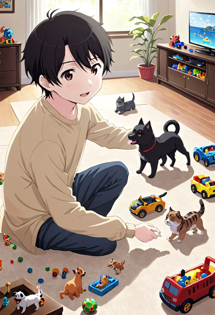 high resolution, solo, best quality, 1Boy, Inaho Kaizuka, Black hair, Brown Eyes, Playing with pets, living room, toys, happy, OverallDetail