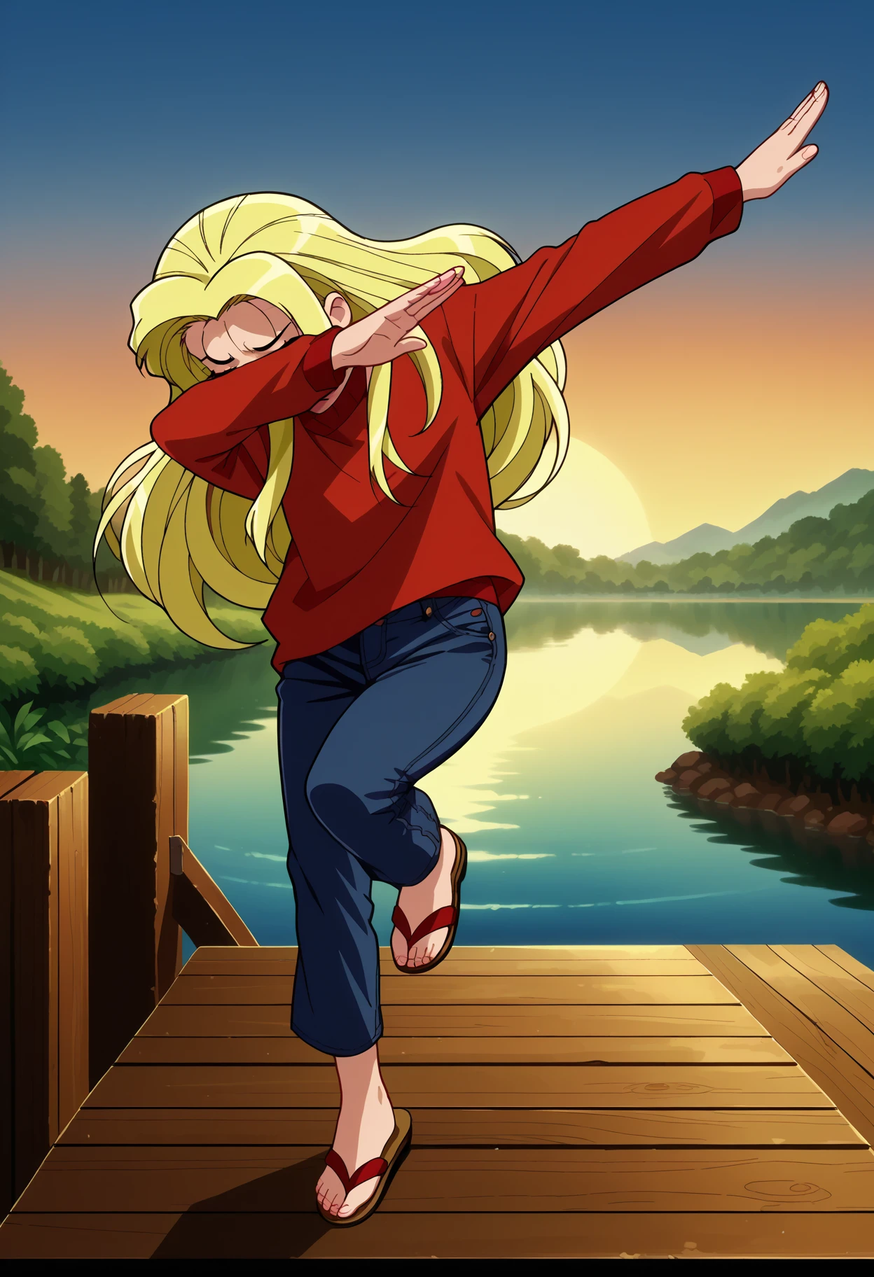 score_9, score_8_up,score_7_up, source_anime,
1girl, solo,
<lora:EPdab:1>, epdabbing,
outstretched arm, standing on one leg, covered face, closed eyes,
<lora:JuraBasilEldenPDXL_V1-Manityro-CAME:1>, jurabasil, blonde hair, long hair, anime screencap, 1990s \(style\), jeans, red sweater, sandals,
lake, wooden pier, sunset,
