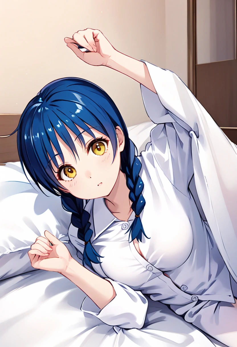 score_9, score_8_up, score_7_up, 
, bed invitation, ( covers, lifting covers:1.4), (on bed and  on side), pov across bed, pillow, looking at viewer, (white sleepwear, unbuttoned), white lace panties, 
tadokoro megumi /(Food Wars/), A Japanese 1girl has blue hair which was bound into twin braids, yellow eyes and brown pupils, round face, (tender and slender:1.21) body with medium breasts,     ï¼dynamic angle,<lora:pov_across_bed_invitation_v05a:1>,<lora:TadokoroMegumi-000008_tusi:1>