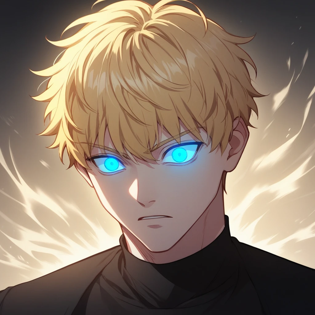 score_9_up, score_8_up, score_7_up, BREAK, Manhwa,1boy, solo, very short hair, blonde hair, blue eyes, black shirt, portrait,  <lora:Manhwa_Style_PXL_Leaf1:1>, aura, glowing eyes,