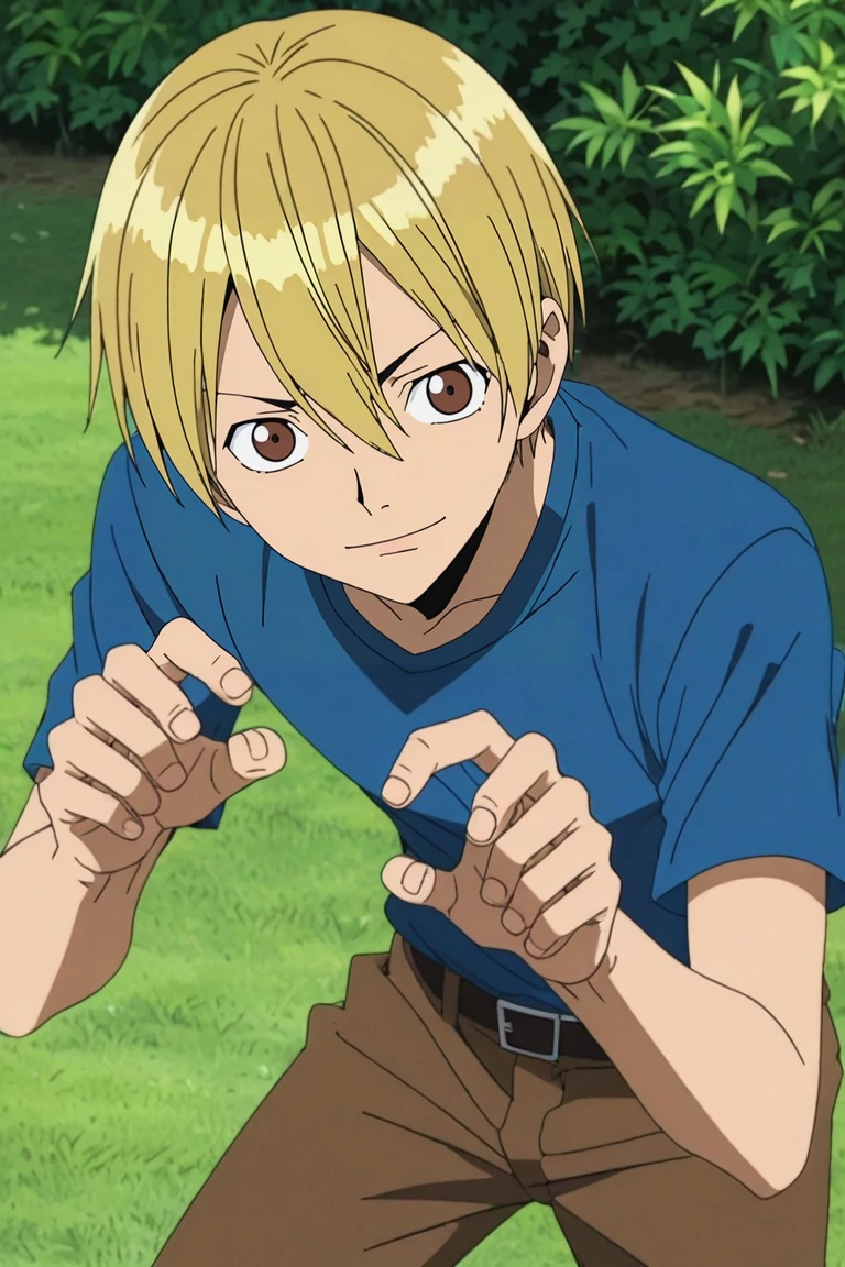score_9, score_8_up, score_7_up, , anime screencap, rating_safe, , , depth of field, 1boy, male focus, <lora:masaomi_kida_pony:0.54>, masaomi_kida, blonde hair, brown eyes, short hair, hair between eyes, solo, straight-on, grass, tree, day, claw pose, naughty smile, <lora:one_piece_style_pony:0.8>, one_piece_style, , <lora:sdxl_lightning_8step_lora:1>