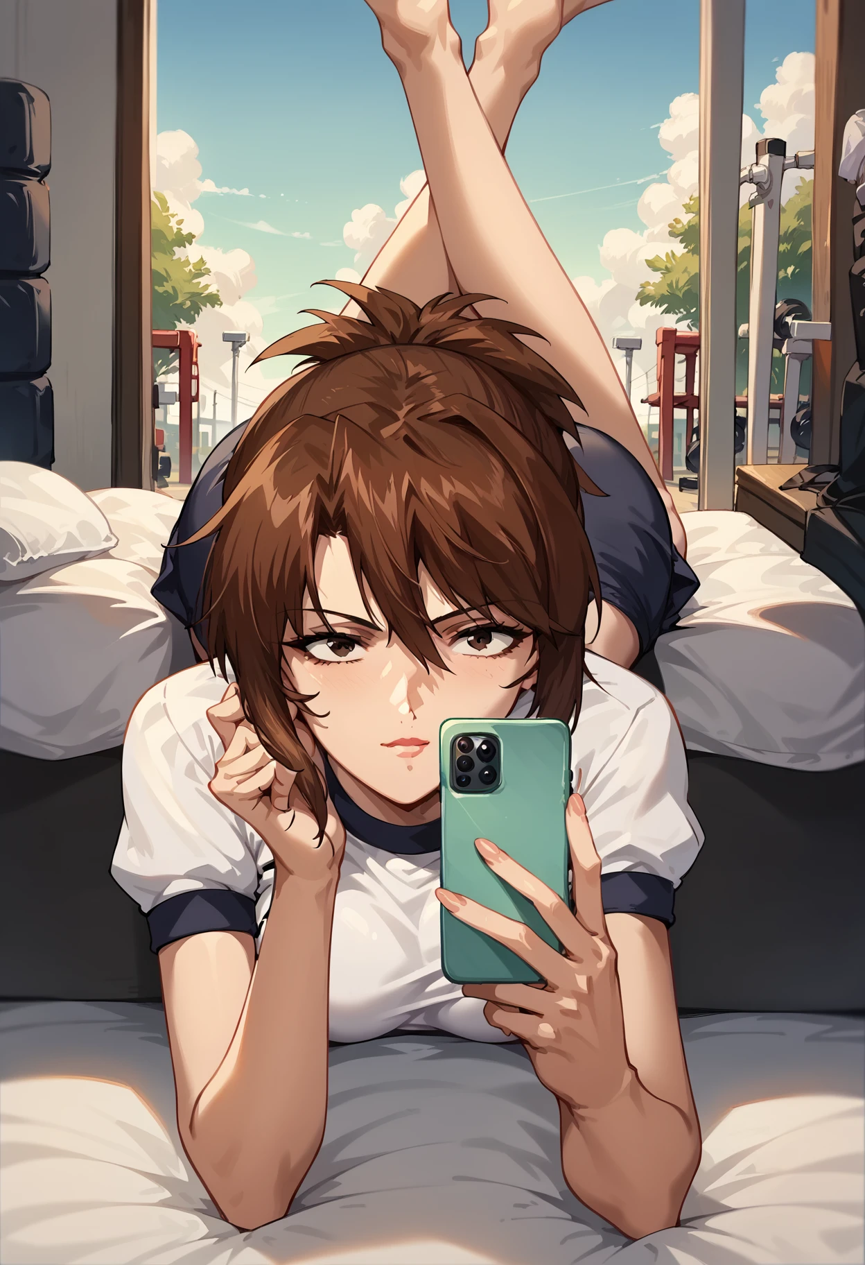 score_9, score_8_up, score_7_up,  <lora:r4g4w4:1> r4g4w4,1girl,solo,, short hair,brown hair, gym outfit,shorts, <lora:Ass_up_Selfie_Pose_r1:0.8> Asselfie, lying, cellphone, crossed ankles