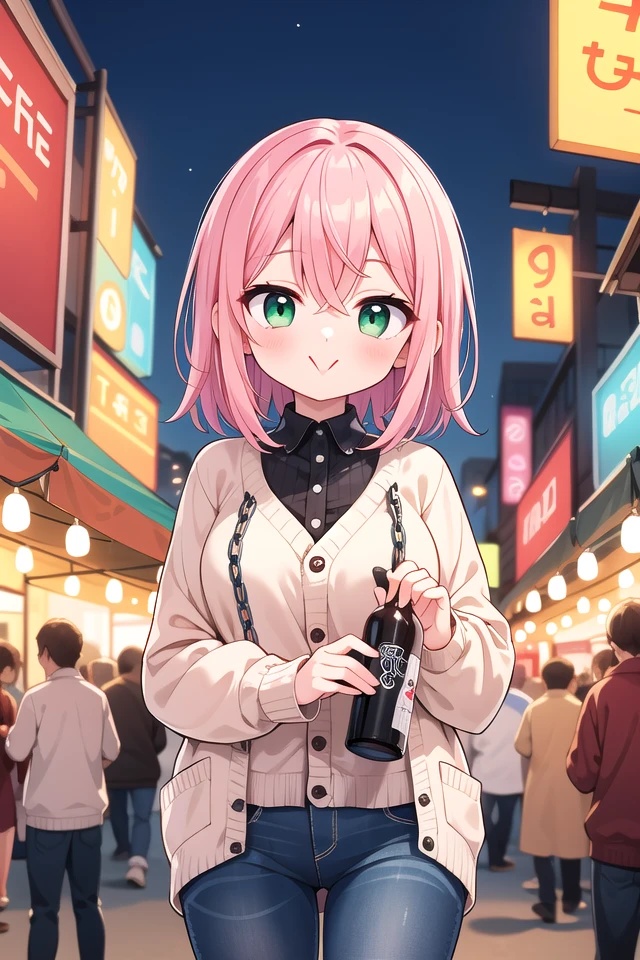 <lora:hotarumouth_type1_v100:1>
insanely detailed, absurdres, ultra-highres, ultra-detailed, best quality,
1girl, solo, nice hands, perfect hands
BREAK
(loose fit cardigan:1.2), straight jeans, chain bracelet
BREAK
(nsfw:-1.5)
BREAK
smile, closed mouth
BREAK
,
standing, cowboy shot, looking at viewer
BREAK
slender, kawaii, perfect symmetrical face, ultra cute girl, ultra cute face, ultra detailed eyes, ultra detailed hair, ultra cute, ultra beautiful
BREAK
Night market Capture the enchanting and lively beauty of a market illuminated by colorful lights and bustling with nightlife, depth of field, ultra detailed background
BREAK
large breasts
BREAK
(pink hair, dark green eyes:1.2), afro, hair between eyes