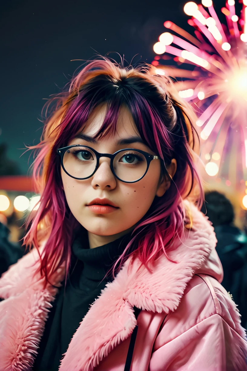 a nerdy chubby girl wearing glasses with blemished skin and multicolored hair, (wolfcut:1.1), very long hair, layered hair, (bangs:0.7), (disheveled:1.3),
(Wrapped in a pink fur jacket, accentuated by kawaii, emanating a friendly aura), (seductive:1.3),(analog, cinematic, film grain, hazy atmosphere, cinematic shot:1.3),
<lora:concept_hairstyle_wolfCut_sdxl_v10-wolfCut:0.9>
BREAK
background festival, carnival, fireworks, realistic photograph, professional photographer, depth of field,