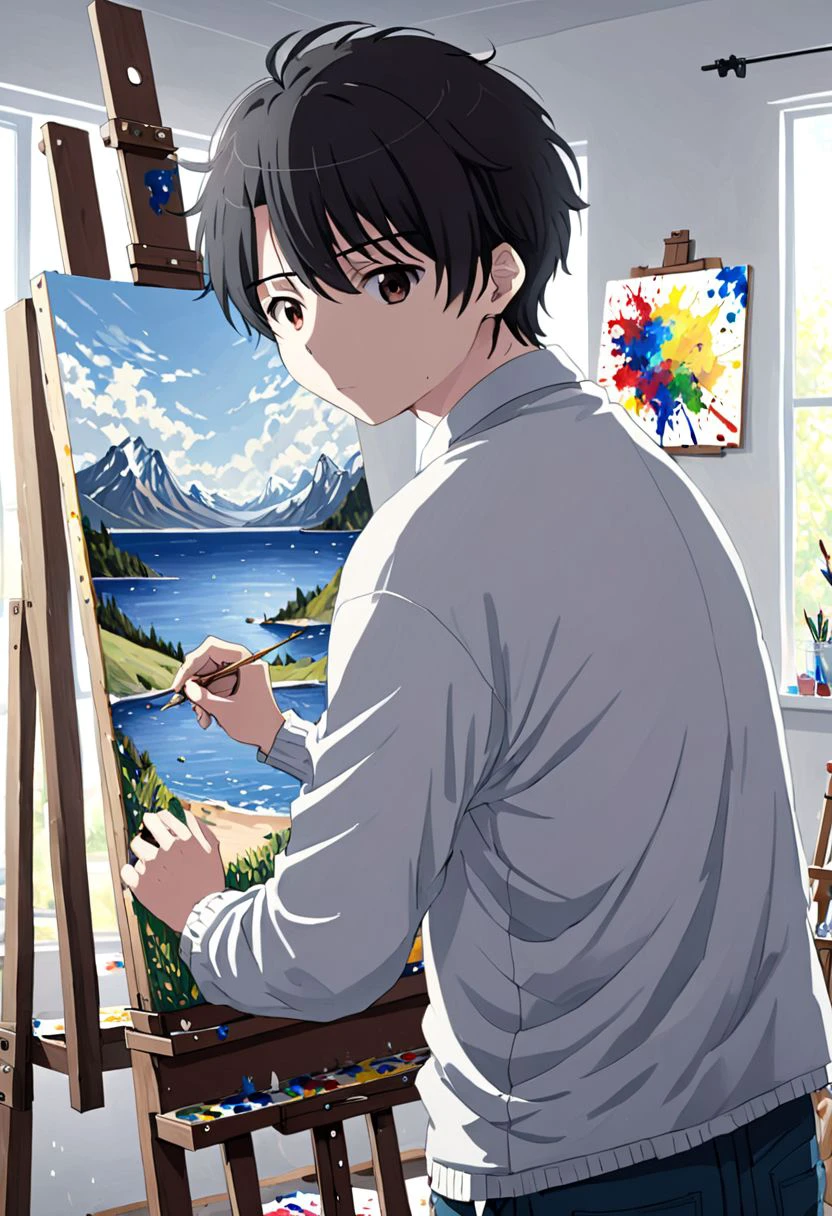 high resolution, solo, best quality, 1Boy, Inaho Kaizuka, Black hair, Brown Eyes, Painting, easel, canvas, creativity, OverallDetail