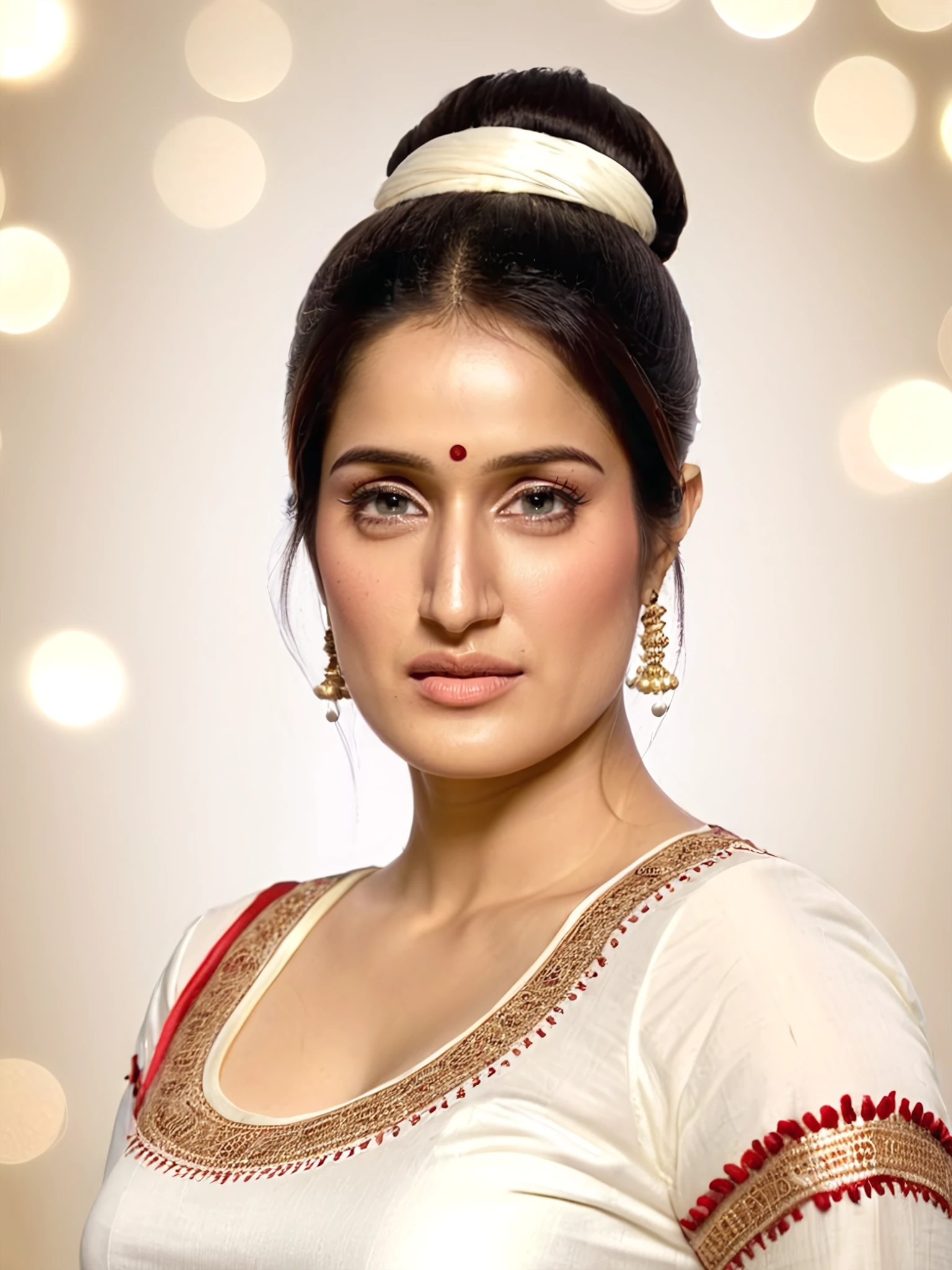 upper body photo of sagarika ghatge woman, solo, hair in bun, serious look, looking at the camera, Ivory ethnic clothing, night time, contrasting background bokeh <lora:Sagarika_Ghatge_SDXL_LoRA_prodigy_local-000002:1>