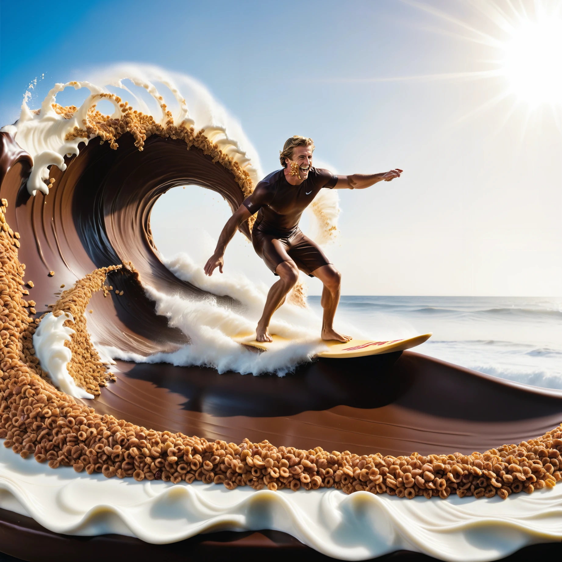 a photorealistic picture of a man surfing with a cereal surfboard on a giant chocolate wave  ,Jed-ChocoC   ,chocolate, cereals  <lora:SDXLFaeTastic2400:0.5> <lora:ChocoCerealStyle:0.4>