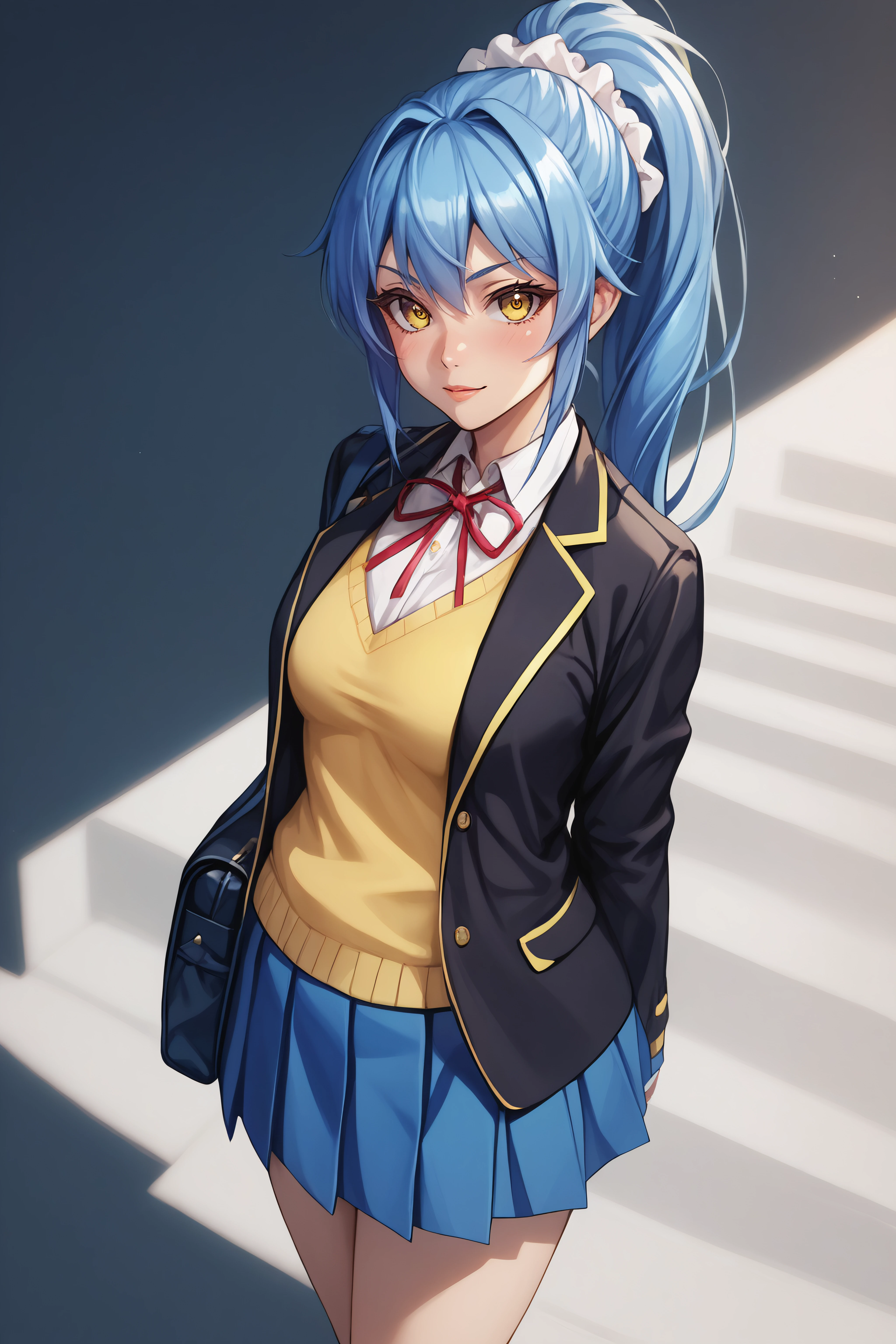 score_9, score_8_up, score_7_up, BREAK source_anime, <lora:Kurumi Nonaka-PonyXL-lora-Faxtron:0.8> kurumi nonaka, yellow eyes, blue hair, high ponytail, white hair ribbon, school uniform, black jacket, yellow vest, dress shirt, red neck ribbon, blue pleated skirt,