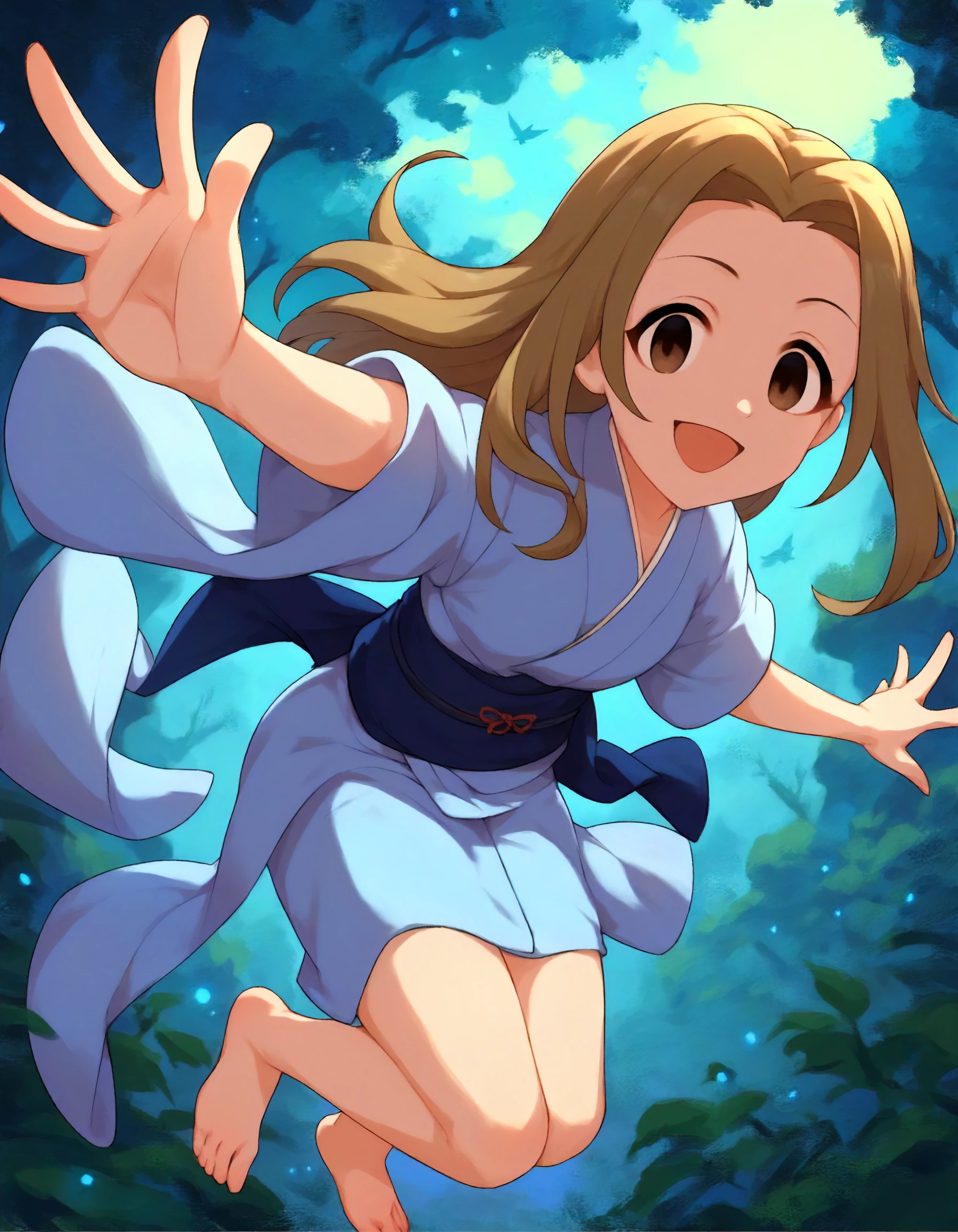 score_9,score_8_up,score_7_up,1girl,solo,floating,leaning forward,outstretched arms,looking at viewer,smile,open mouth,night forest,pov,
<lora:manabeitsuki_ponyXLV6:0.8>,cgmi,brown hair,long hair,brown eyes,empty eyes,light blue kimono,dark blue sash,barefoot