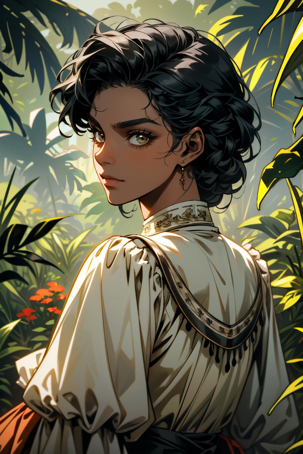 ((ultra detailed, masterpiece, absurdres))
 <lora:RDR2Tilly:0.8>
RDR2Tilly, 1girl, dark skin, black hair, looking at viewer,portrait, in a lush jungle with vibrant flowers, from behind, looking back