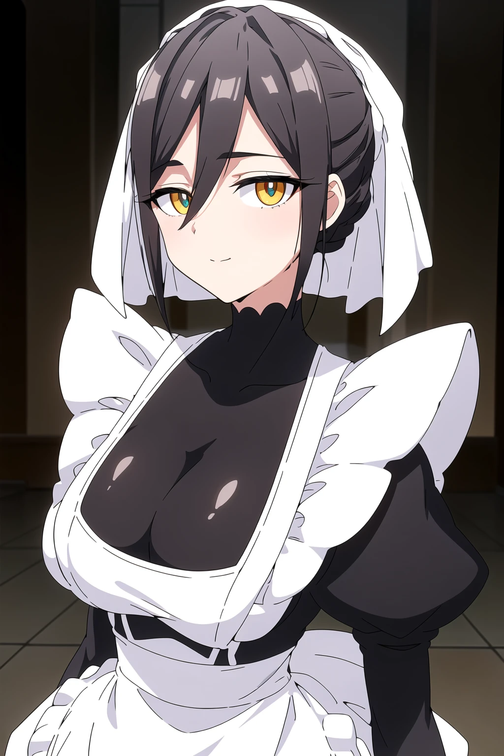 top quality, masterpiece, ultra high definition, (photorealistic: 1.4), raw photo, 1 girl, black fur, shiny and tanned skin ,  Maid outfit is in the living room of a room 
