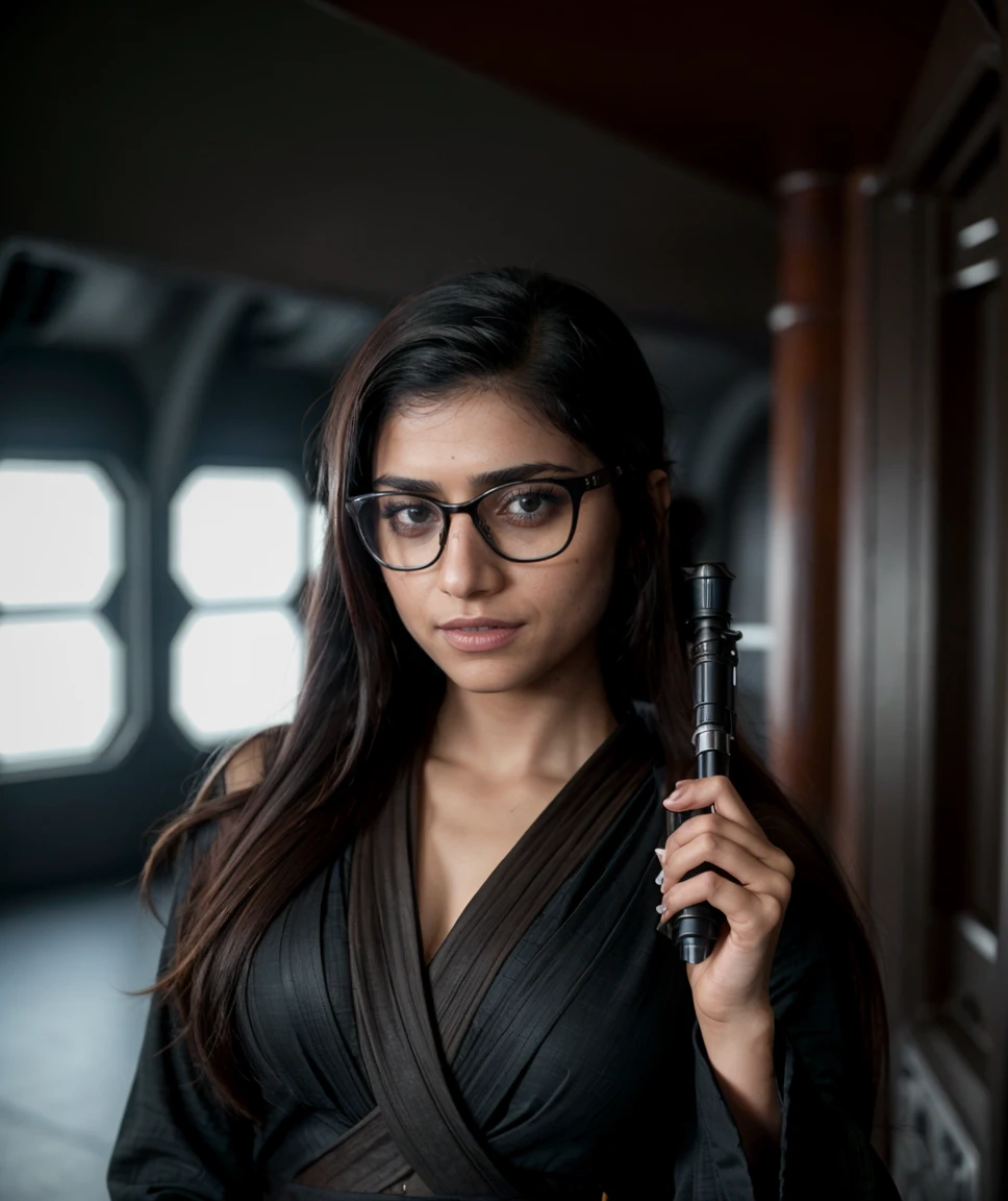 Star Wars: The Rise of Skywalker cinematic photo ,   <lora:quiron_MiaKhalifa_v2330_Lora:0.77> miaKhalifaQuiron, 1girl, realistic, long hair, looking at viewer, black hair, , , , glasses, ,  . 35mm photograph, film, bokeh, professional, 4k, highly detailed . Sci-fi, space opera, Jedi, highly detailed