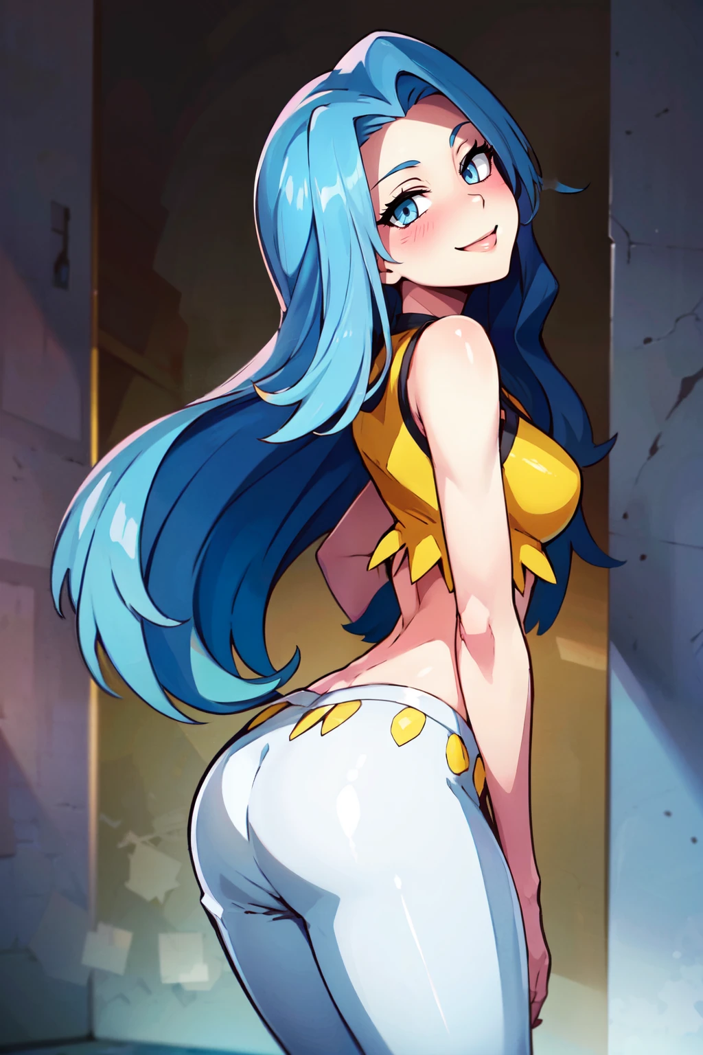 ((masterpiece,best quality)), absurdres,  BREAK,, <lora:Karen_Pokemon:0.8>, karen (pokemon), blue eyes, blue hair, long hair,  yellow crop top, white pants, high heels, BREAK, leaning forward, head tilt, blush,, BREAK, solo, smile, looking at viewer, cowboy shot,